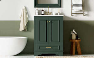 English Elm 24'' Bathroom Vanity with Ceramic Sink Combo Modern Freestanding MDF Cabinet with Soft-Close Doors and Sleek Silver Handles for Spacious Organized Bathroom Storage Green N710P194893F