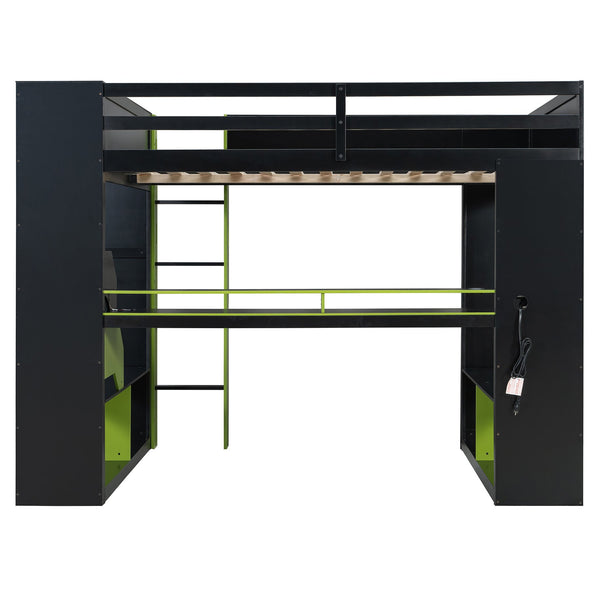 English Elm Full Size Gaming Loft Bed with Rgb Lighting Built-in Desk and Usb Charging Ports Green LT000275AAF