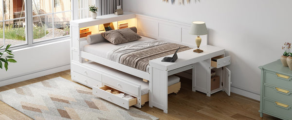 English Elm Full Size Pine Wood Platform Daybed with Led Headboard Desk Storage and Charging White N7090000475K-1