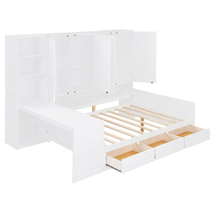 English Elm Full Size Wooden Daybed With Versatile Workspace, Three Storage Drawers, And Adjustable Shelves N820S00055K