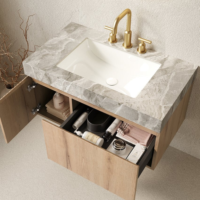 English Elm Muri Floating Bathroom Vanity Sintered Stone Top Plywood Cabinet White Oak Finish W2615S00595