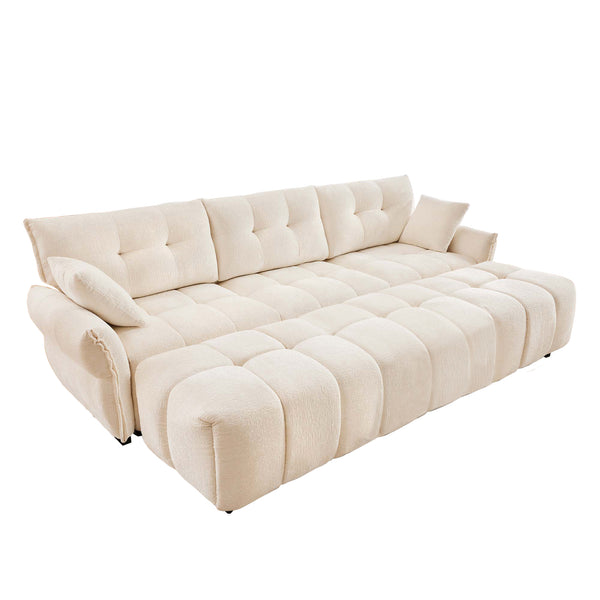 English Elm 3 Seater Chenille Sofa Set with Ottomans Tufted Arms Solid Wood Frame Lounge Ready White W714S01655
