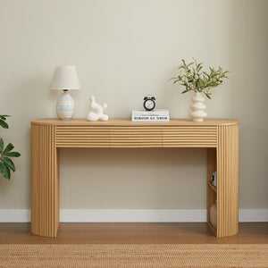 English Elm [video] Retro Fluted Console Table with 3 Drawers Open Niche Mid-century Entryway Natural N759P283616N
