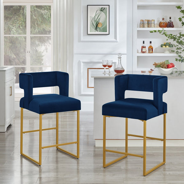 English Elm Modern Velvet Counter Stools Set of Two with Gold Iron Frame and Square Open Back Navy W2186P171944