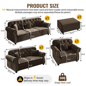 English Elm Upholstered Velvet Chesterfield Sofa Set with Button Tufting Nailhead Trim and Ottoman Brown W1885S00389