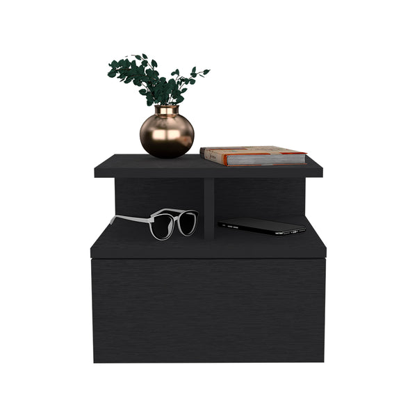English Elm Floating Nightstand Flopini wall-mounted bedside table with drawer, space-saving shelf, durable design Black B092123117