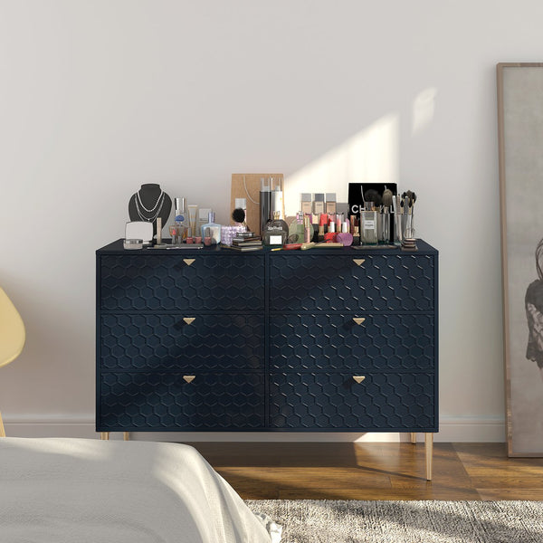 English Elm 6-drawer Honeycomb Veneer Chest with Gold Legs Geometric Bedroom Storage Cabinet T3609P482835
