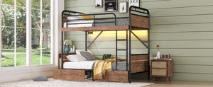 English Elm Twin Xl Metal Bunk Bed With Led Light & Charging Station, 2 Storage Drawers For Organized Living W2580S00048-GIGA