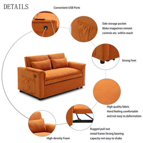 English Elm 55" Velvet Two Seater Pull Out Sofa Bed with USB Ports, Side Pockets, Adjustable Backrest, Compact Lounger Orange W2677P288325