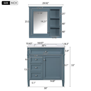 English Elm 30'' Freestanding Bathroom Vanity Set with Mirror Cabinet Ceramic Sink Soft Close SW000126AAM-1