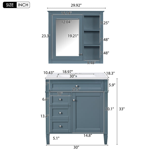 English Elm 30'' Freestanding Bathroom Vanity Set with Mirror Cabinet Ceramic Sink Soft Close SW000126AAM-1
