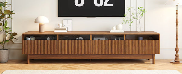 English Elm 78inch TV Stand Walnut for up to 85" TVs — Fluted Glass Drawers, Cable Management, Solid-Wood Legs PMID N710P362197P