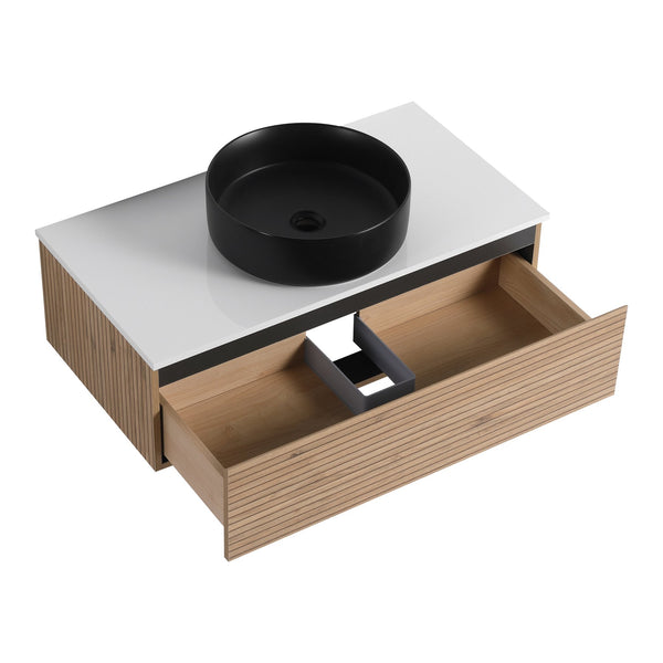 English Elm 36'' Floating Wall Mounted Vanity with Art Ceramic Vessel Sink and Soft Close Drawer W999S00363