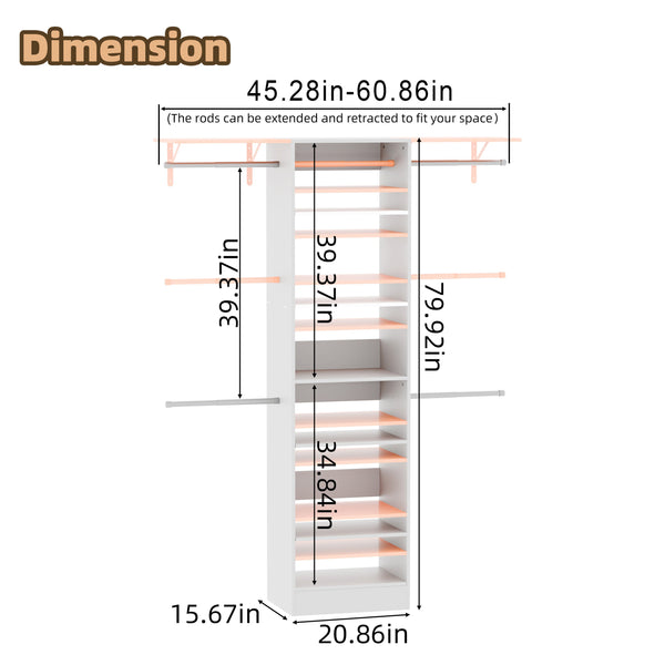 English Elm Closet Organizer System Wall Mounted Walk-in with Drawers and Expandable Hanging Rods B2770P495252