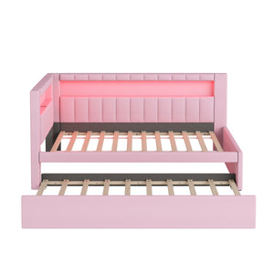 English Elm Upholstered Twin Platform Bed with Trundle, Linen Backrest, Built-In USB Ports & LED Accent Lighting Pink DL001919AAH