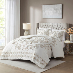 English Elm 3 Piece Tufted Chenille Comforter Set In Ivory/Taupe - Cozy King/Cal King Bedding For Elegant Style B03597182