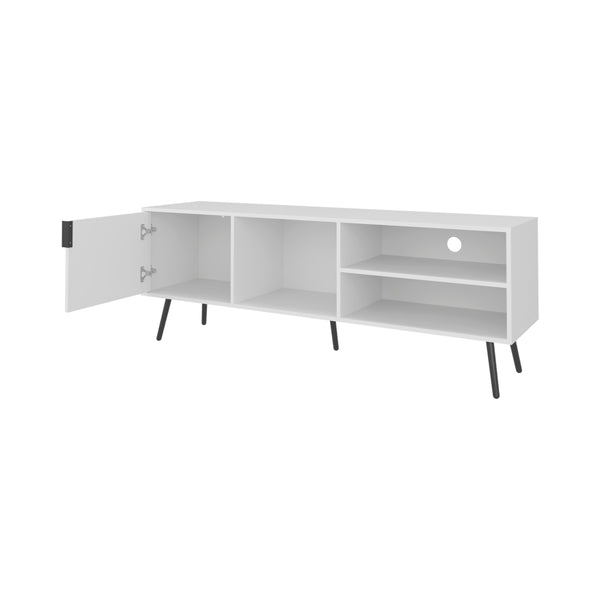 English Elm Mescal modern TV stand with concealed door and open shelving, conical legs, sleek storage center White 68.5 L x 20.9 W x 5.1 H B128P263710