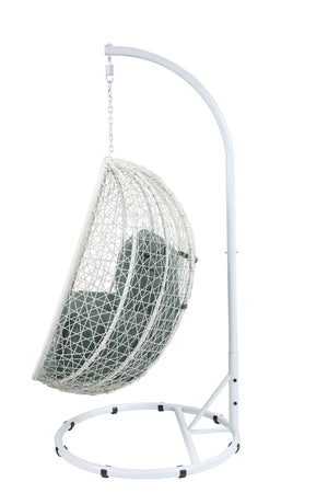 English Elm Simona Green Fabric Hanging Chair with White Wicker, Stand & Removable Cushion — All-Weather Cozy Comfort B2726S00410