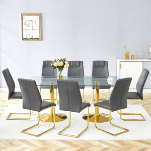 English Elm Table and Chair Set 8 Seater Tempered Glass Top with Pu Leather Dining Room Furniture Dark Gray,Gold,Transparent W1151S04563