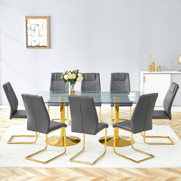 English Elm Table and Chair Set 8 Seater Tempered Glass Top with Pu Leather Dining Room Furniture Dark Gray,Gold,Transparent W1151S04563