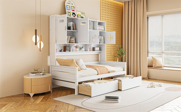 English Elm Twin Size Wooden Daybed With Storage Drawers, Cabinet & Shelf – Stylish Space-Saving Solution! N820S00015K-GIGA