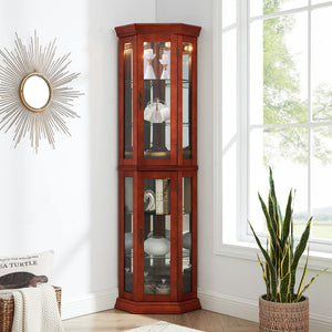 English Elm Corner Curio Cabinet Lighted Display with Mirrored Back, Adjustable Tempered Glass Shelves, Walnut W1693111239