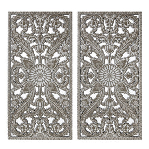 JLA Home Madison Park - Botanical Hand-Carved Lotus Wall Panels Set with Distressed Wood Finish for Rustic Home Decor and Texture Antique Green MP95B-0363