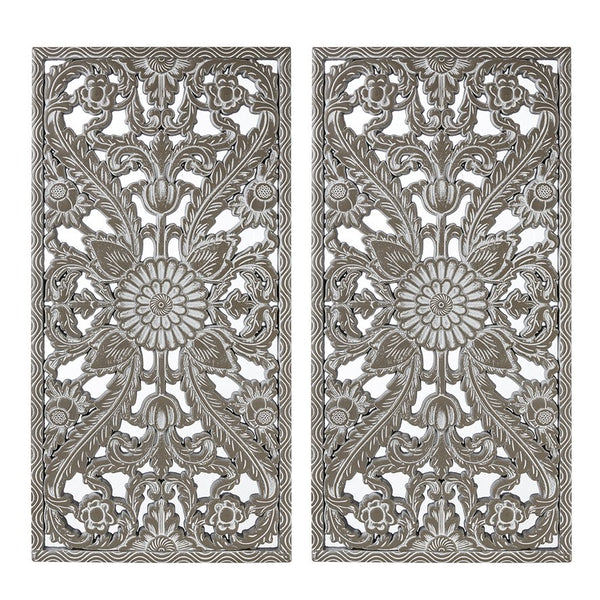 JLA Home Madison Park - Botanical Hand-Carved Lotus Wall Panels Set with Distressed Wood Finish for Rustic Home Decor and Texture Antique Green MP95B-0363