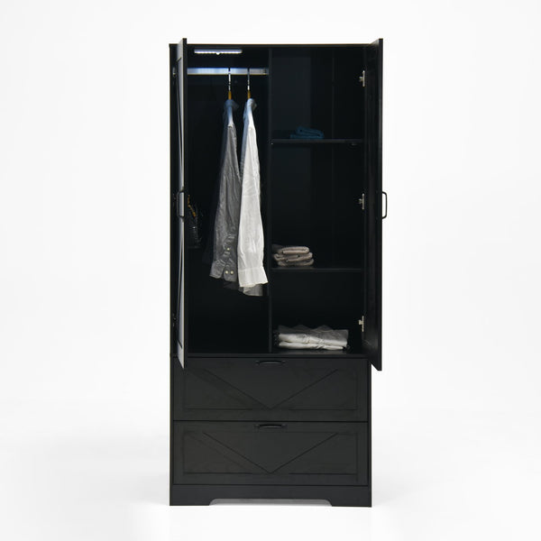 English Elm 2 Door Wardrobe Closet with Full Length Mirror Motion Light Hanging Rod and Drawers Black W409P266778