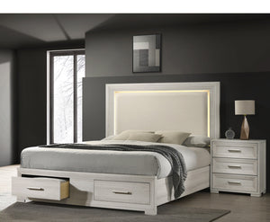 English Elm Colorado Queen Bed Rustic Wood Frame Upholstered Headboard with Built-in Led Ambient Glow B009S02157