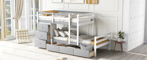 English Elm Twin Loft Bunk Bed with Built-In Drawers and Ladder, Space-Saving Twin over Twin Pine MDF Design Gray GX000424AAE