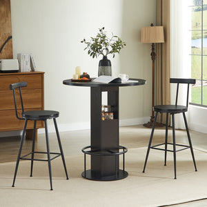 English Elm 3-piece Round Bar Set Mid-century Matte Finish Table with Wood Grain Stools Black W1162P433405