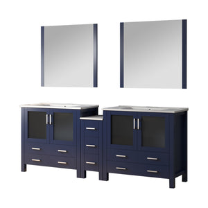 English Elm Navy Blue Double Bath Vanity With White Ceramic Top, Side Cabinet, & Matching Mirrors - 84 In. W B2731S00600