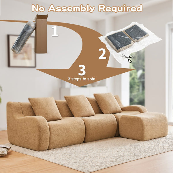 English Elm Boneless 3-Seat Sofa In Camel, Premium Teddy Fabric, No Assembly, Ergonomic Design, Anti-Slip Base W714S01432