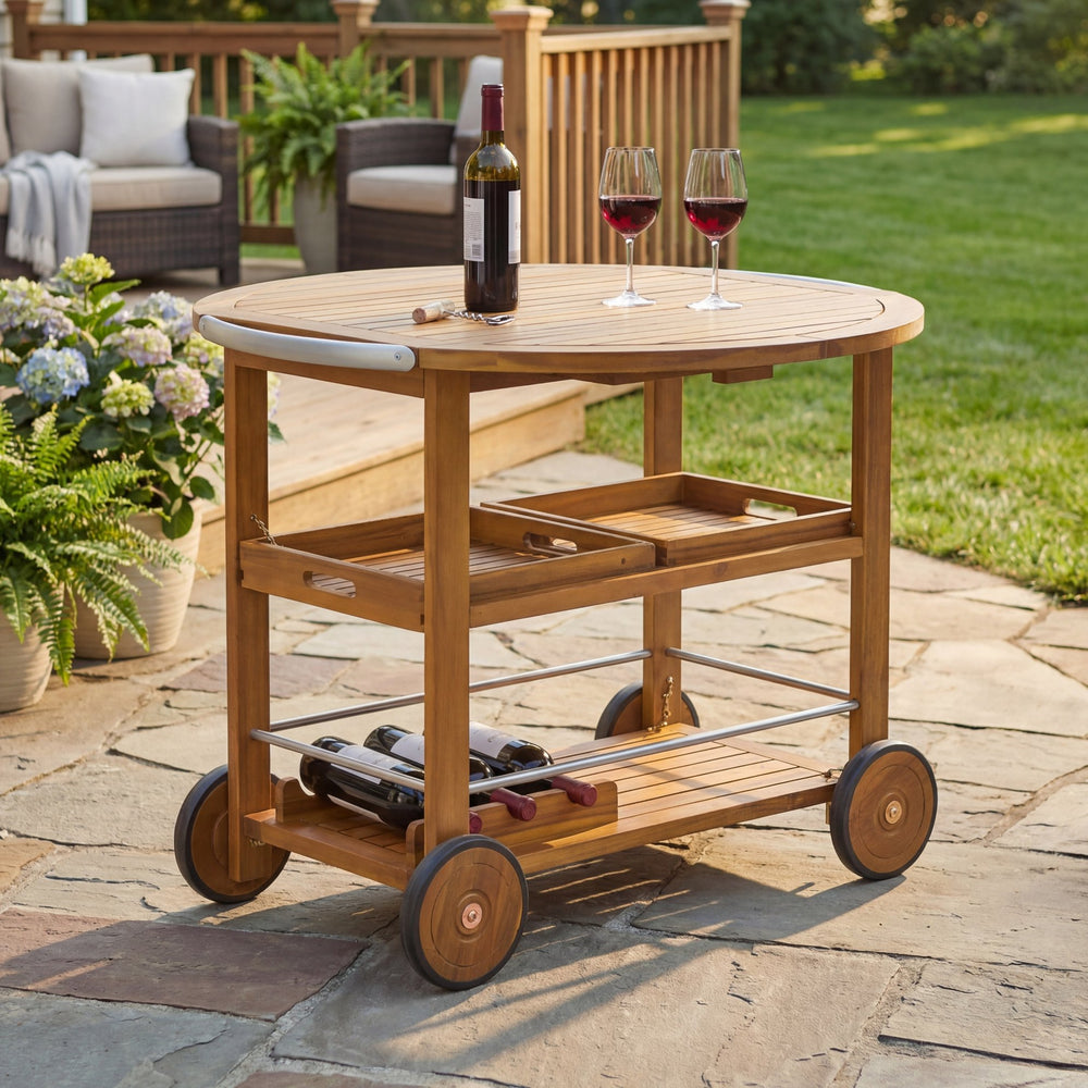 English Elm Outdoor Acacia Wood Rolling Bar Cart with Foldable Top and Removable Serving Trays N779P374686T