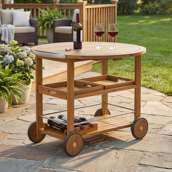 English Elm Outdoor Acacia Wood Rolling Bar Cart with Foldable Top and Removable Serving Trays N779P374686T