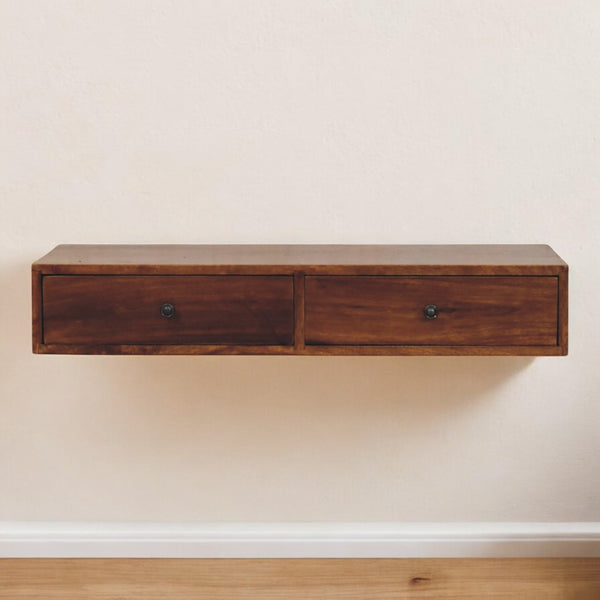 English Elm Lunar Chestnut Wall-Mounted Console with 2 Drawers — Solid Mango Wood, Floating Space-Saving Design B182P303393