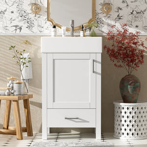 English Elm 20.28'' 20.28" Modern Bathroom Vanity with Ceramic Sink, Solid Wood Frame, Soft-Close Drawer & Cabinet - Space-Saving Design White N729P277755K