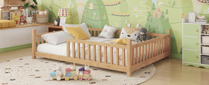 English Elm Full House Kids House Bed with Roof & Fence, Low Floor Solid Pine Frame, Stylish Nightlight Ready Natural 80.91 L x 15.55 W x 6.5 H W2593P296922