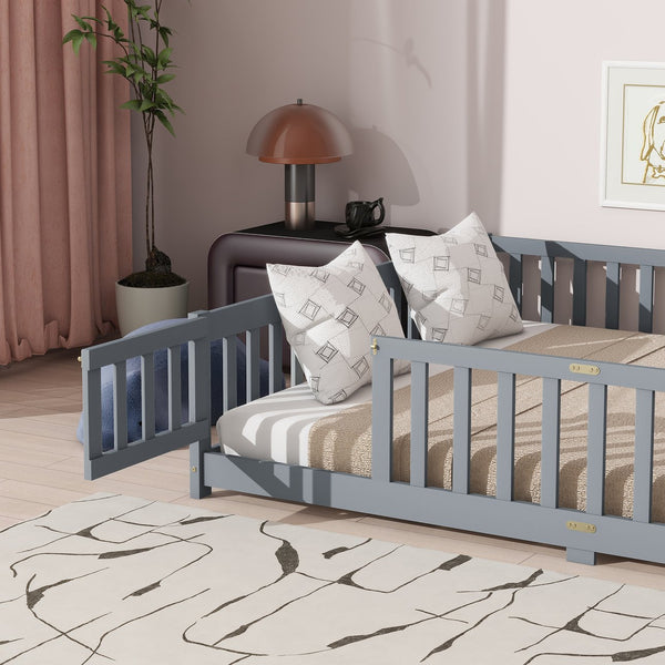 English Elm Queen Floor Bed with Safety Fence and Guardrails, Rubberwood Low Profile Platform for Kids Grey W504P286386