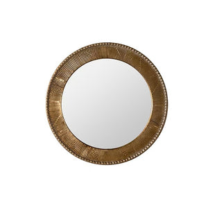 English Elm 31.3" Gold Iron Round Mirror Ribbed Texture Rivets Bohemian Accent for Bedroom W3158P407140