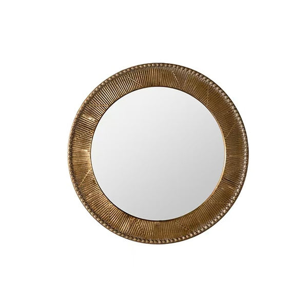 English Elm 31.3" Gold Iron Round Mirror Ribbed Texture Rivets Bohemian Accent for Bedroom W3158P407140