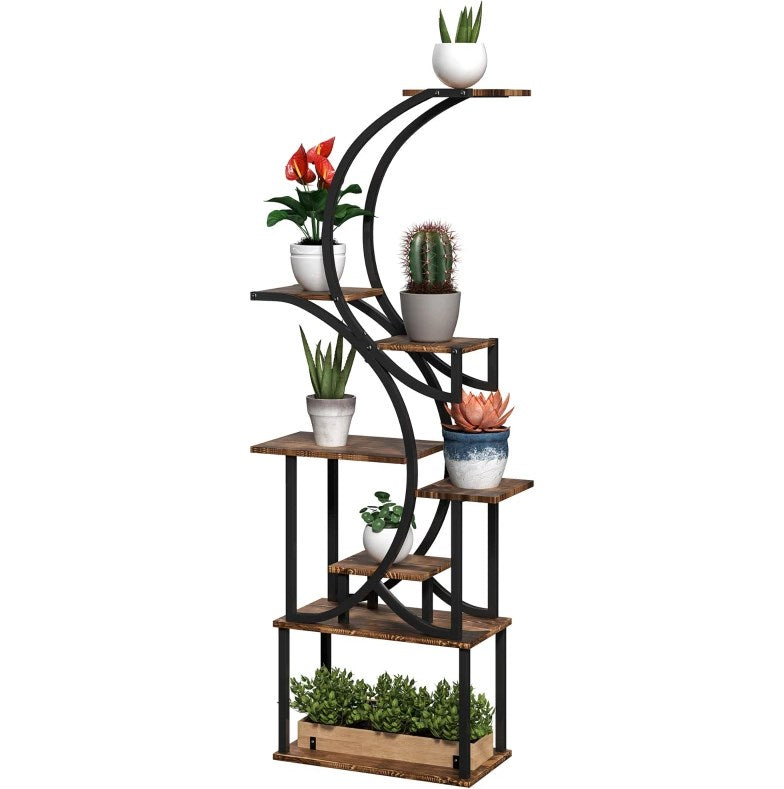 English Elm S-shaped Eight Tier Corner Plant Stand Steel and Fir Wood Sculptural Display Rack T3971P420933