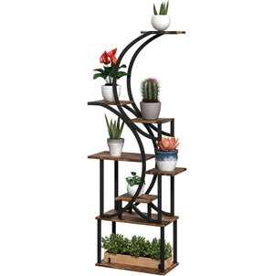 English Elm S-shaped Eight Tier Corner Plant Stand Steel and Fir Wood Sculptural Display Rack T3971P420933