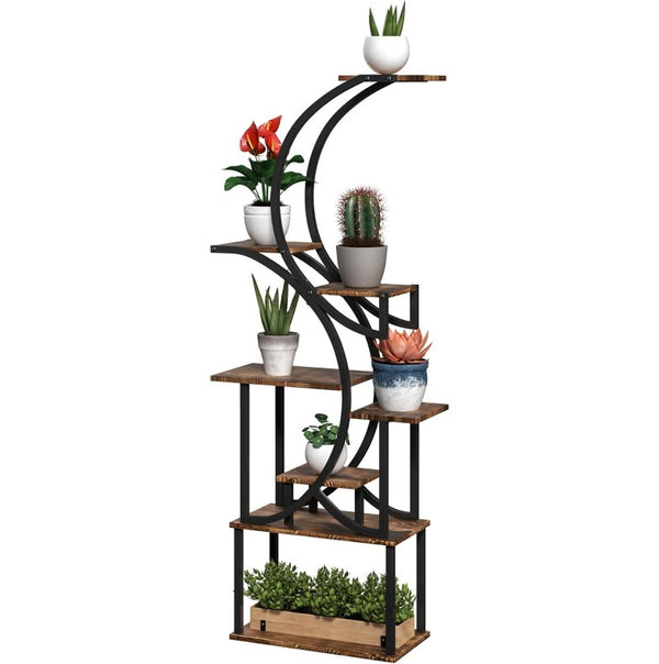 English Elm S-shaped Eight Tier Corner Plant Stand Steel and Fir Wood Sculptural Display Rack T3971P420933
