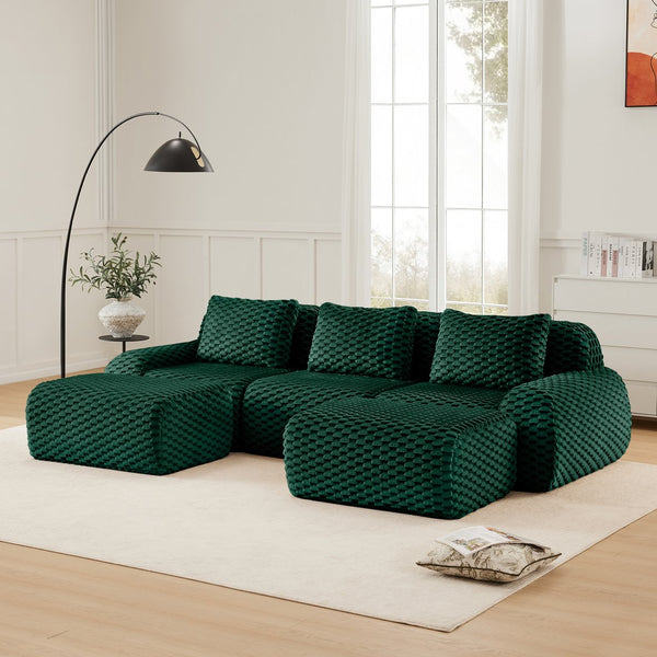 English Elm 114" U-shaped Modular Sectional Flannelette Sofa Oversized Lounge with Movable Ottoman Green W714S01527