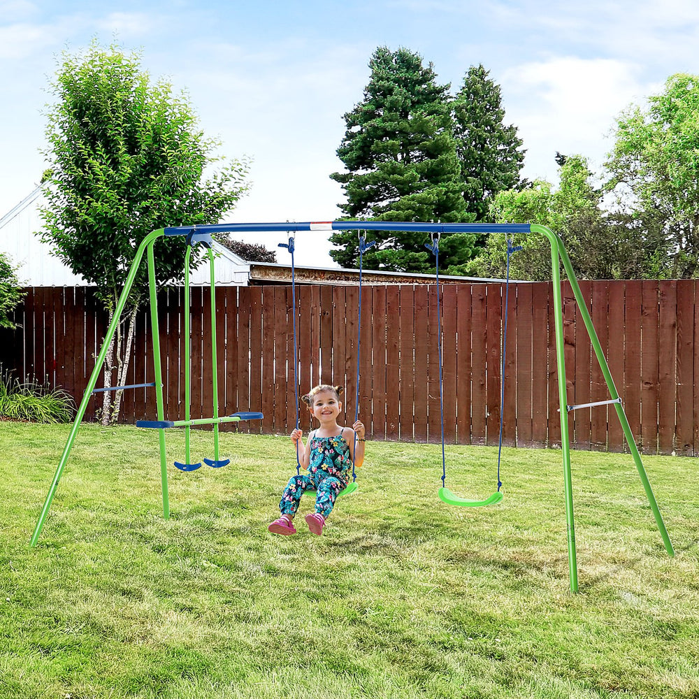 English Elm Outsunny Heavy Duty Metal A-frame Swing Set with Glider for Backyard Play W2225P229623