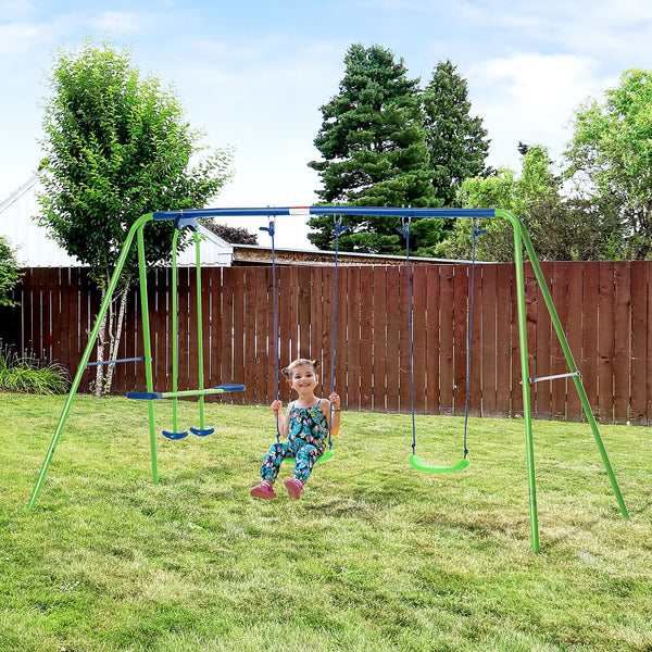 English Elm Outsunny Heavy Duty Metal A-frame Swing Set with Glider for Backyard Play W2225P229623
