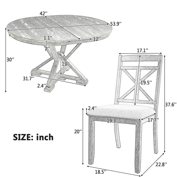 English Elm Trexm Retro Extendable Round Dining Set with Four Linen Upholstered Chairs Rubberwood Brown + Antique White ST000141AAD-2026