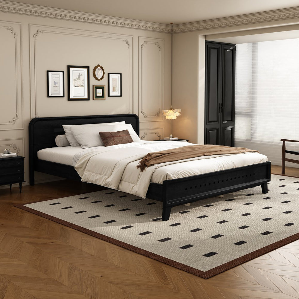 English Elm Pine Solid Wood Queen Platform Bed Matte Finish Tall Headboard No Box Spring Black N770PQ291030B